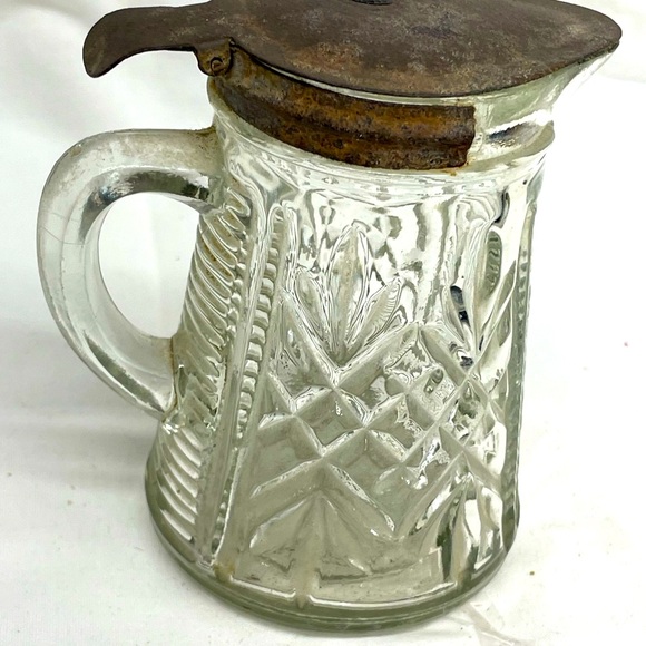 Vintage Crystal glass syrup pitcher with metal flip up lid sz 5x3 - Picture 8 of 9